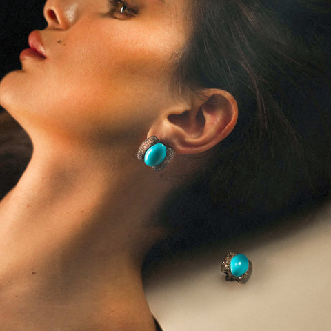 Turquoise Oval Earrings with Brown Diamond Frames