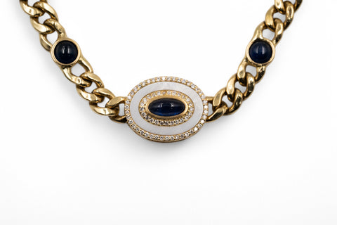 18 Kt yellow gold necklace with diamonds and blue sapphire