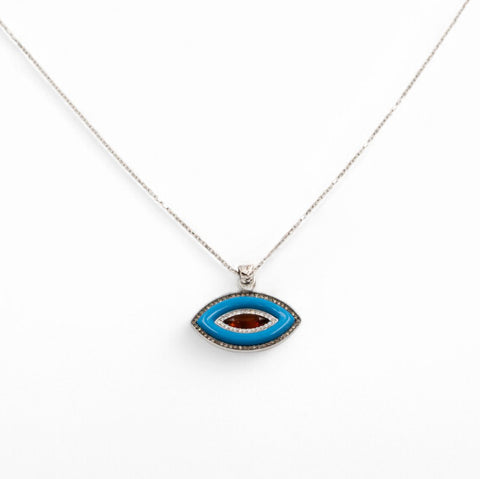 18 Kt white gold necklace with brown, white diamonds and turquoise