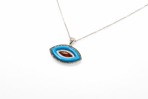 18 Kt white gold necklace with brown, white diamonds and turquoise