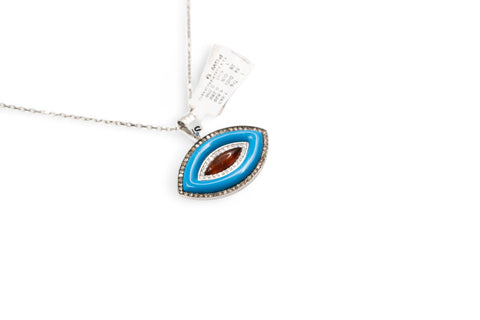 18 Kt white gold necklace with brown, white diamonds and turquoise