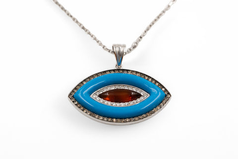 18 Kt white gold necklace with brown, white diamonds and turquoise