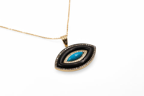 18 Kt yellow gold necklace with brown, white diamonds and turquoise