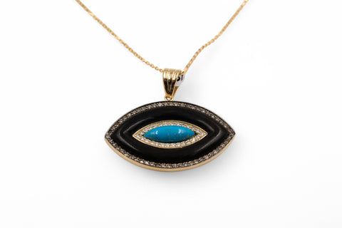 18 Kt yellow gold necklace with brown, white diamonds and turquoise
