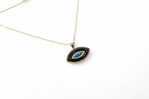 18 Kt yellow gold necklace with brown, white diamonds and turquoise