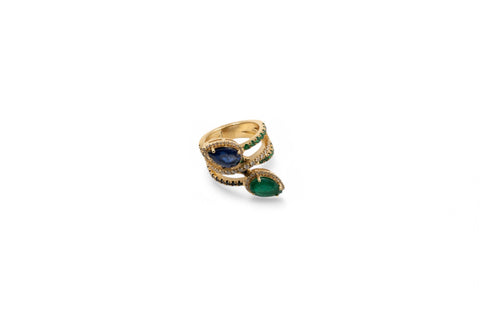 18 kt gold ring with diamonds and emerald and sapphire