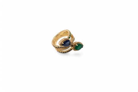 18 kt gold ring with diamonds and emerald and sapphire