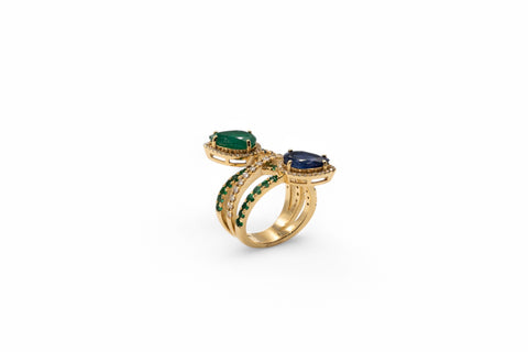 18 kt gold ring with diamonds and emerald and sapphire