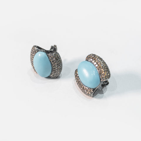 Turquoise Oval Earrings with Brown Diamond Frames