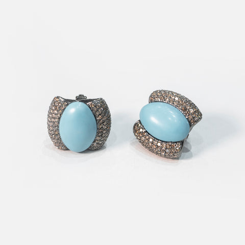 Turquoise Oval Earrings with Brown Diamond Frames