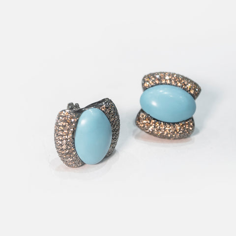 Turquoise Oval Earrings with Brown Diamond Frames