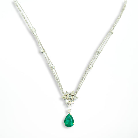 Emerald Pendant with Sunflower Diamond in White Gold - Shami Jewelry