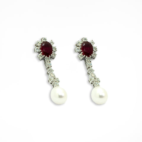 Pearl & Diamond Drop Earrings with Rubies - Shami Jewelry