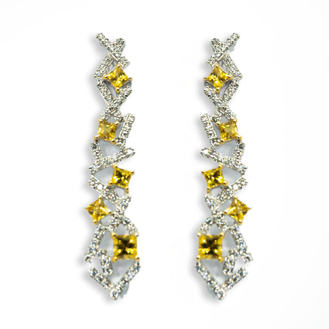 White Diamonds Drop Earrings with Princess-cut Yellow Sapphire - Shami Jewelry