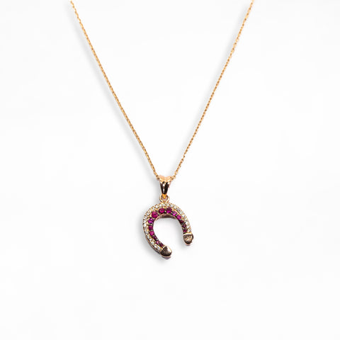 Yellow Gold Horseshoe Pendant with Diamonds & Rubies - Shami Jewelry