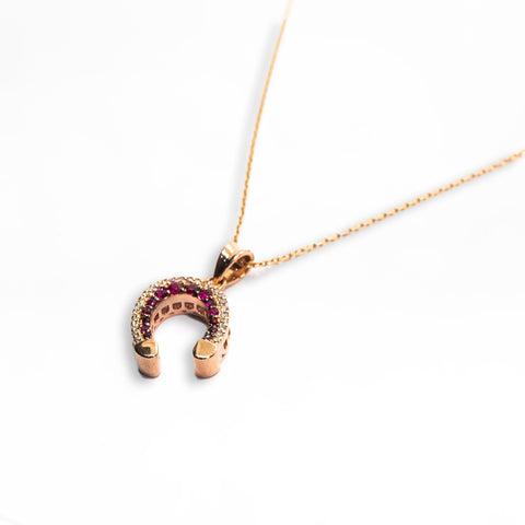 Yellow Gold Horseshoe Pendant with Diamonds & Rubies - Shami Jewelry