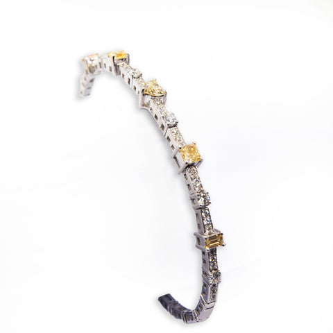 White Gold Open Bangle with White & Yellow Diamonds - Shami Jewelry