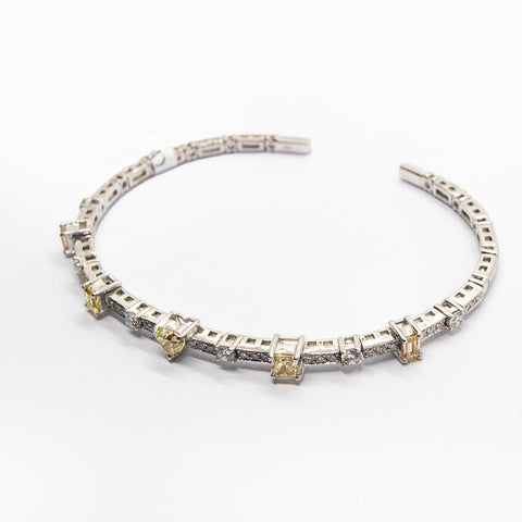 White Gold Open Bangle with White & Yellow Diamonds - Shami Jewelry