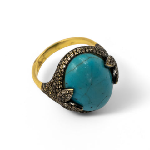 Yellow Gold Ring with Brown Diamond and Turquoise