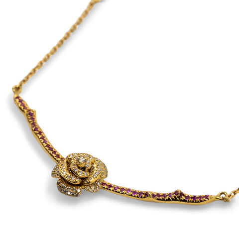 Yellow Gold Necklace with White Diamond and Pink Sapphire