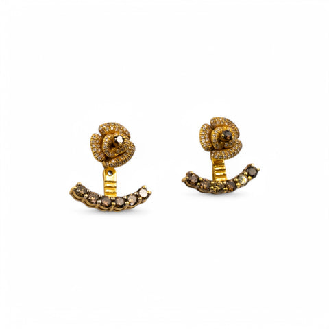 Yellow Gold Earrings with White and Brown Diamond