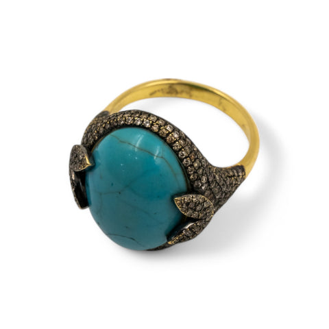 Yellow Gold Ring with Brown Diamond and Turquoise