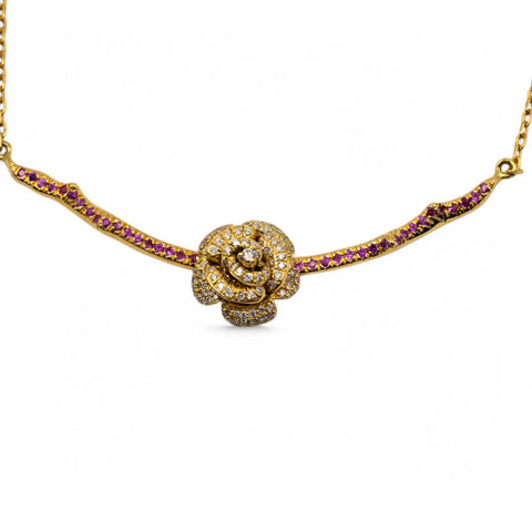 Yellow Gold Necklace with White Diamond and Pink Sapphire