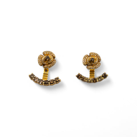 Yellow Gold Earrings with White and Brown Diamond