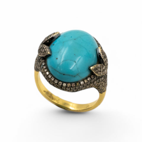 Yellow Gold Ring with Brown Diamond and Turquoise