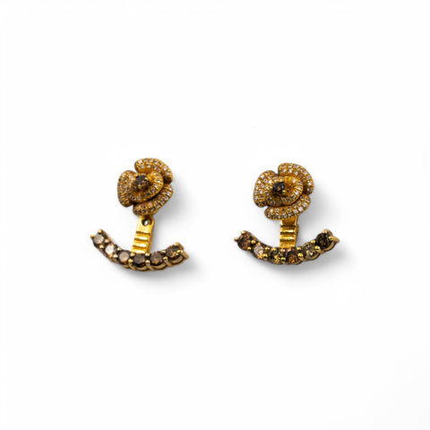 Yellow Gold Earrings with White and Brown Diamond