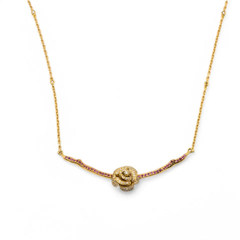 Yellow Gold Necklace with White Diamond and Pink Sapphire