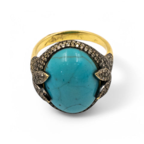 Yellow Gold Ring with Brown Diamond and Turquoise