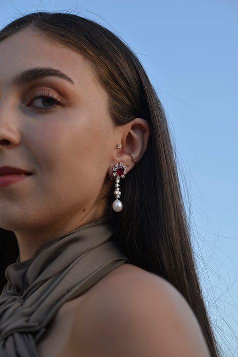 Pearl & Diamond Drop Earrings with Rubies - Shami Jewelry