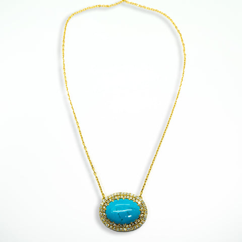 Turquoise Pendant with Yellow Diamonds in Yellow Gold Necklace - Shami Jewelry