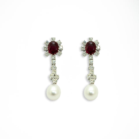 Pearl & Diamond Drop Earrings with Rubies - Shami Jewelry
